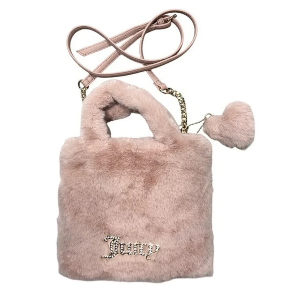 Juicy Couture Fluffy Mini Tote Bag Purse Handbag Blush Pink Bling Heart Spellout